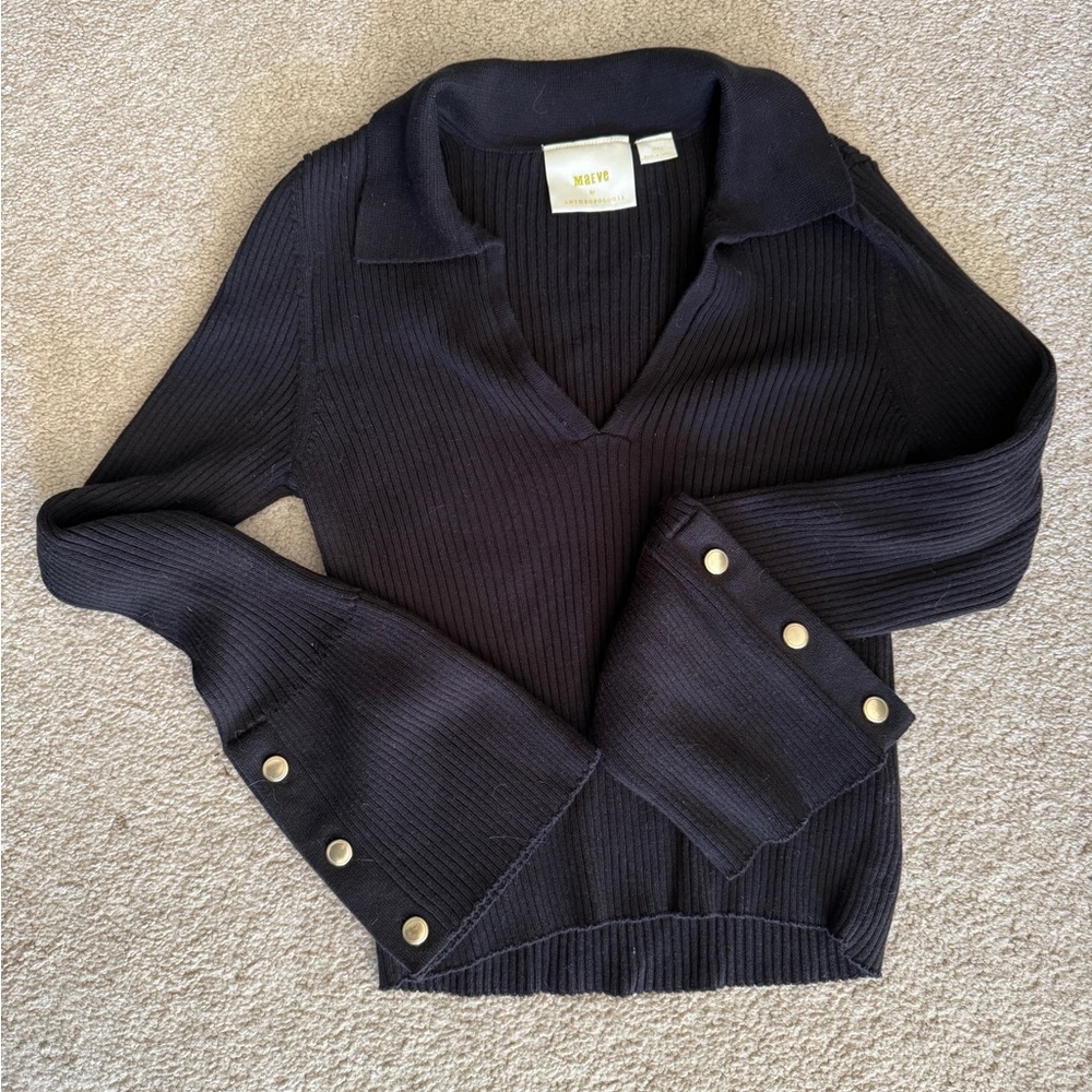 Anthropologie Black Sweater with Gold Button Accents